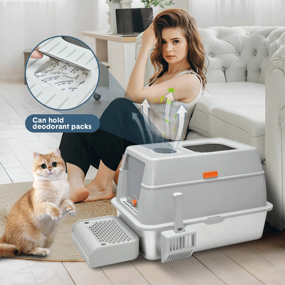 Premium 20L Enclosed Cat Litter Box with Stainless Steel Tray - Light Grey