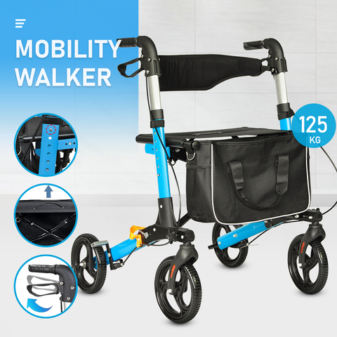 Alston Blue 2-in-1 Foldable Rollator Walker with Seat Brakes and 136kg Capacity