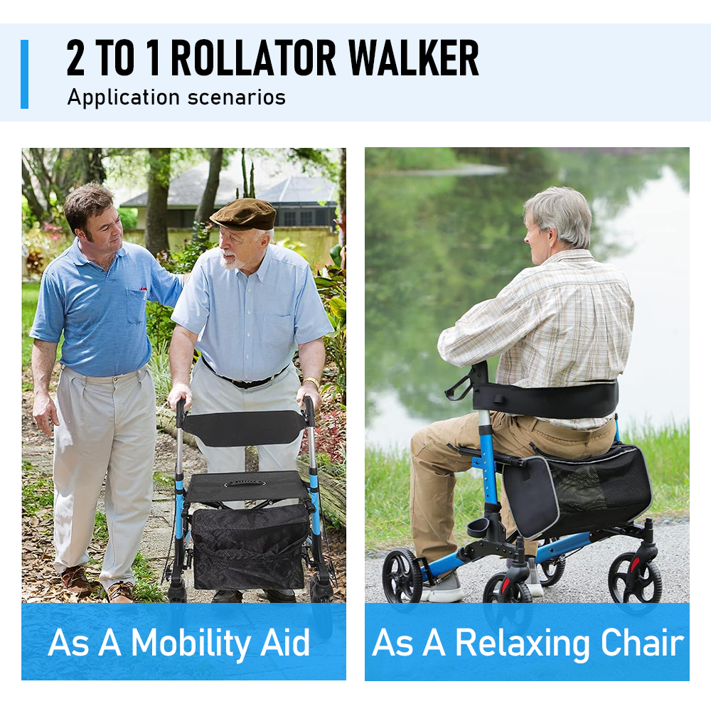 Alston Blue 2-in-1 Foldable Rollator Walker with Seat Brakes and 136kg Capacity