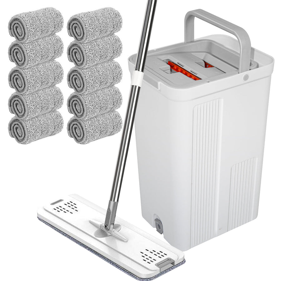 Premium Flat Mop & Bucket Wringer Set – Grey with 10 Microfibre Pads