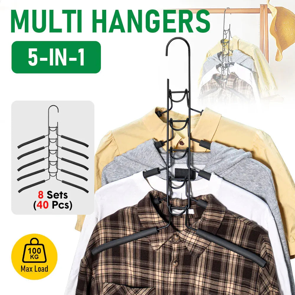 Premium 5-in-1 Magic Clothes Hangers – Black 8 Sets, Space-Saving Carbon Steel