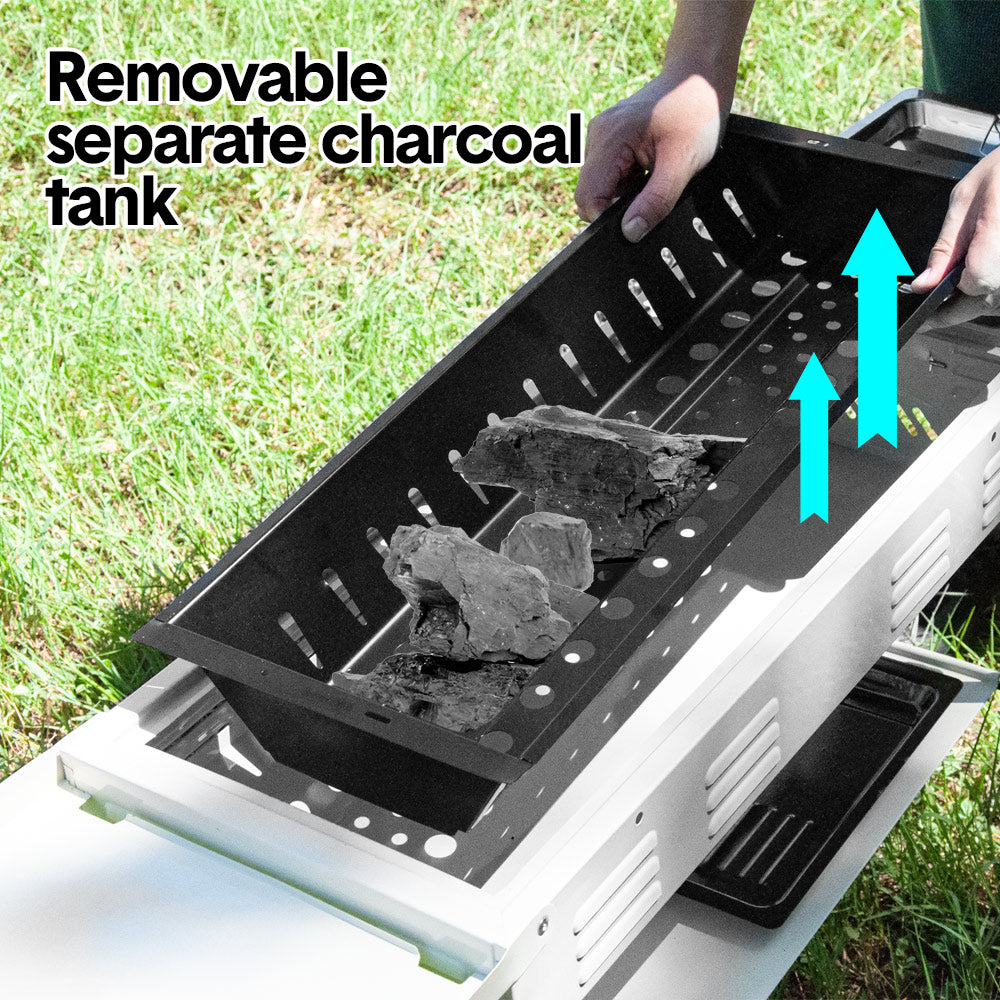 Premium Foldable Charcoal BBQ Grill – Beige with Grill Nets & Enamel Pans