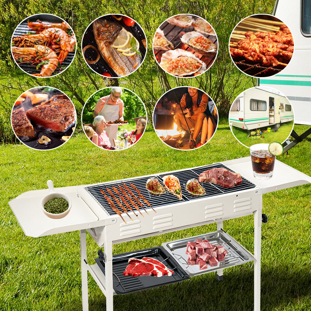 Premium Foldable Charcoal BBQ Grill – Beige with Grill Nets & Enamel Pans