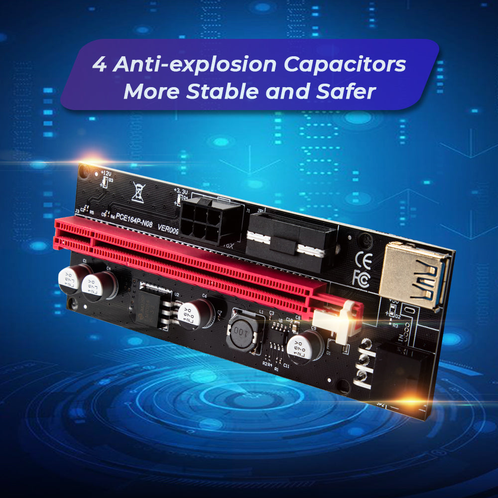 Premium PCIe 1X to 16X GPU Riser Extender Kit with USB Cables - 6 Pack