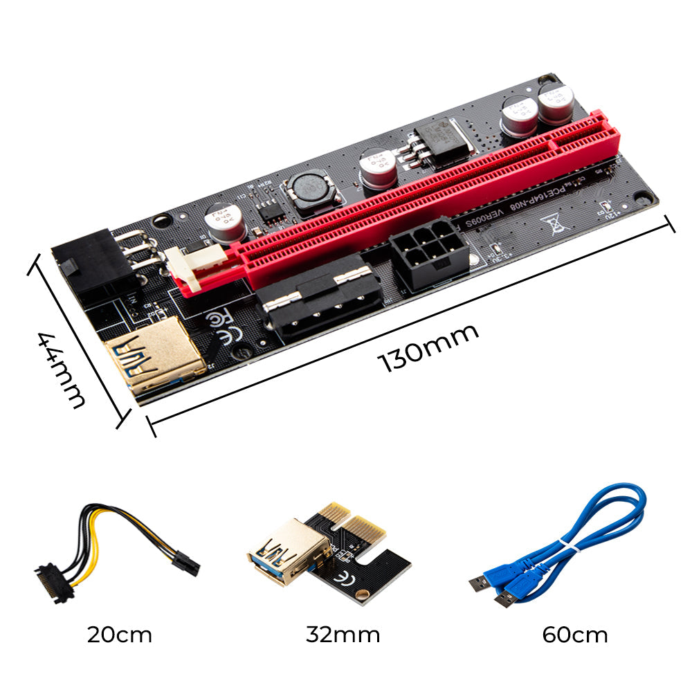 Premium PCIe 1X to 16X GPU Riser Extender Kit with USB Cables - 6 Pack