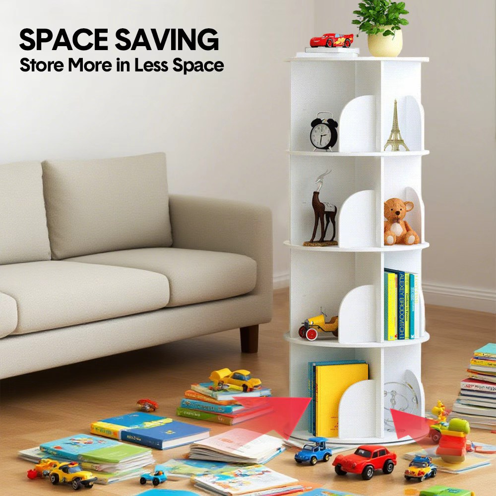 4 Tier White 360 Rotating Bookshelf Freestanding Corner Bookcase Storage Organiser