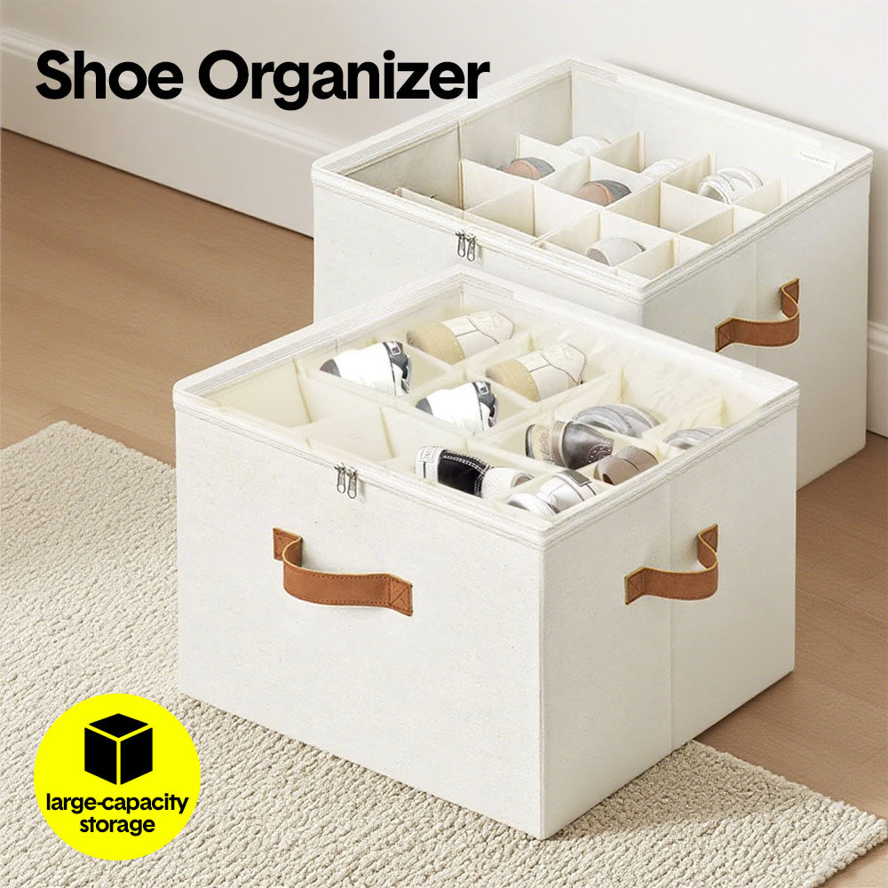 Premium Shoe Organiser – Beige 2 Pack with Clear Lid & Adjustable Dividers