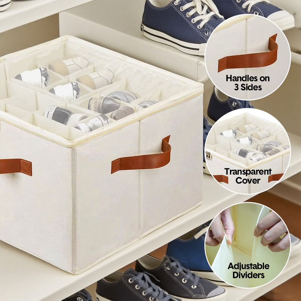 Premium Shoe Organiser – Beige 2 Pack with Clear Lid & Adjustable Dividers