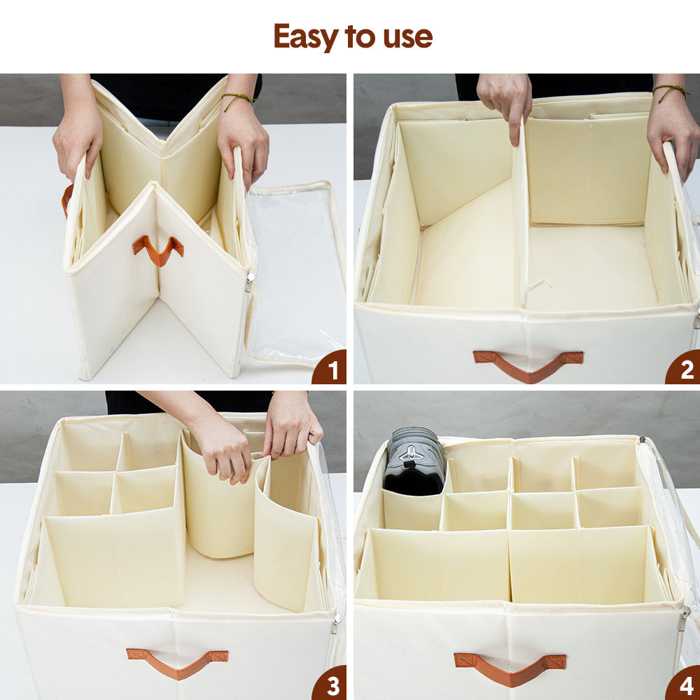 Premium Shoe Organiser – Beige 2 Pack with Clear Lid & Adjustable Dividers