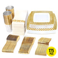 175pcs Gold Trim Square Disposable Wedding Tableware Set Plates Cutlery Napkins