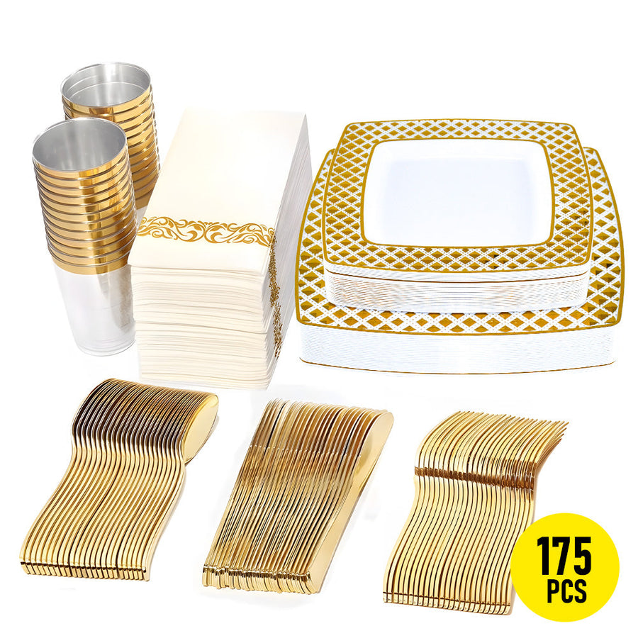 175pcs Gold Trim Square Disposable Wedding Tableware Set Plates Cutlery Napkins