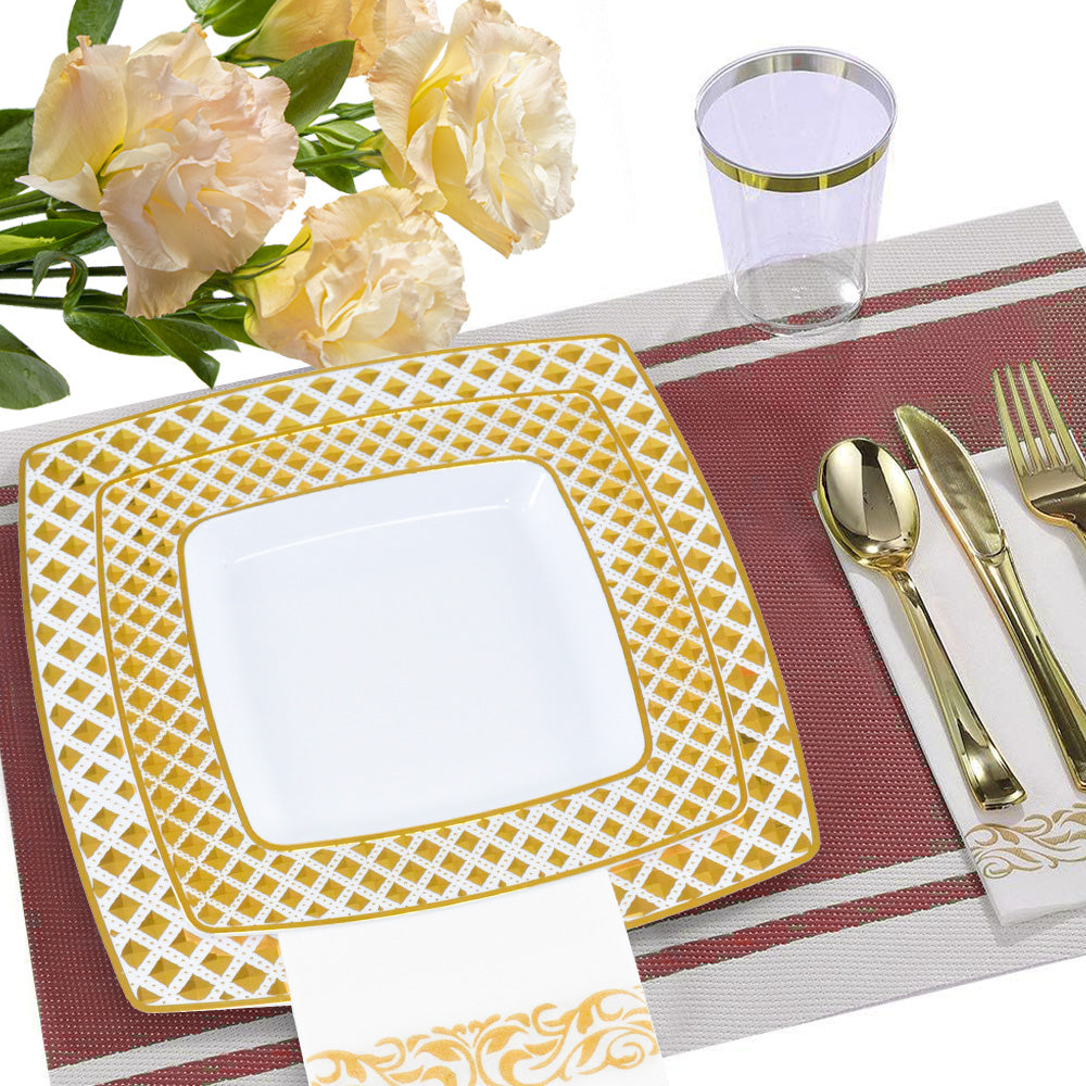 175pcs Gold Trim Square Disposable Wedding Tableware Set Plates Cutlery Napkins