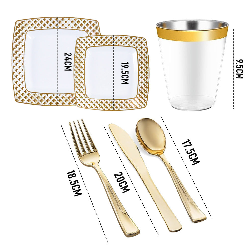 175pcs Gold Trim Square Disposable Wedding Tableware Set Plates Cutlery Napkins