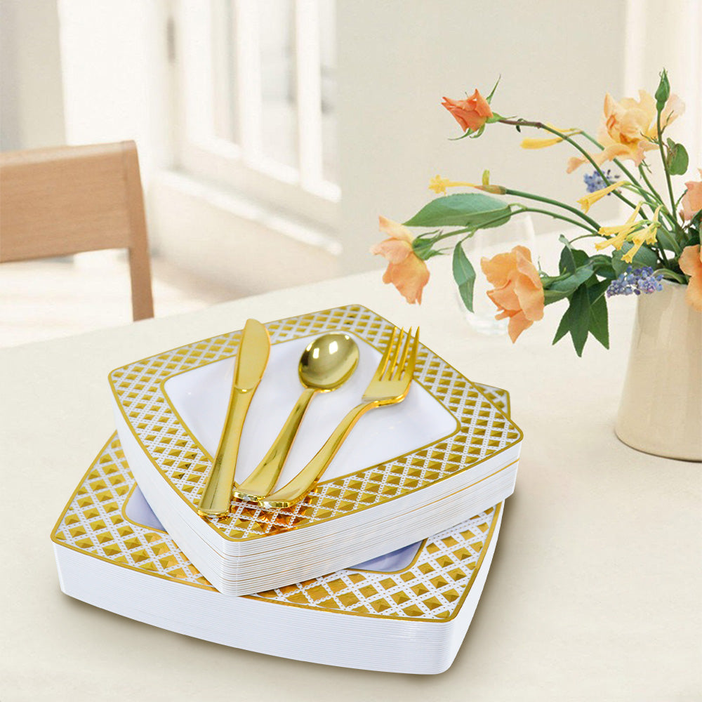 175pcs Gold Trim Square Disposable Wedding Tableware Set Plates Cutlery Napkins