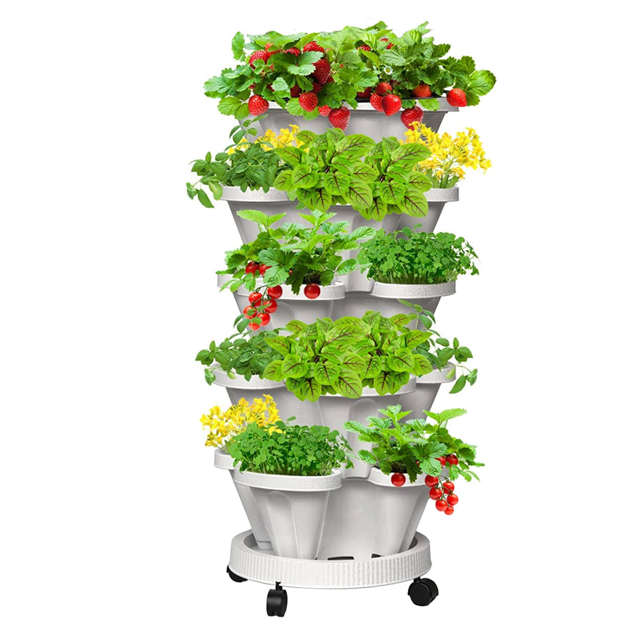 Premium 5-Tier Stackable Planter Pots – White 37cm with Wheels
