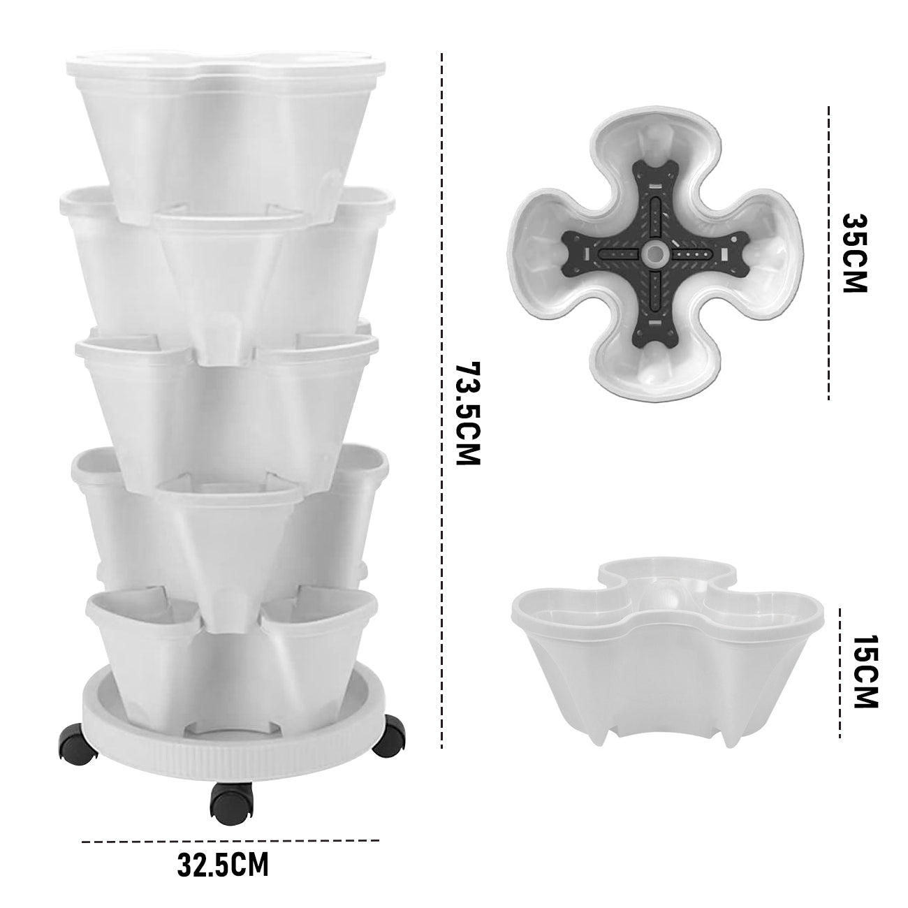 Premium 5-Tier Stackable Planter Pots – White 37cm with Wheels