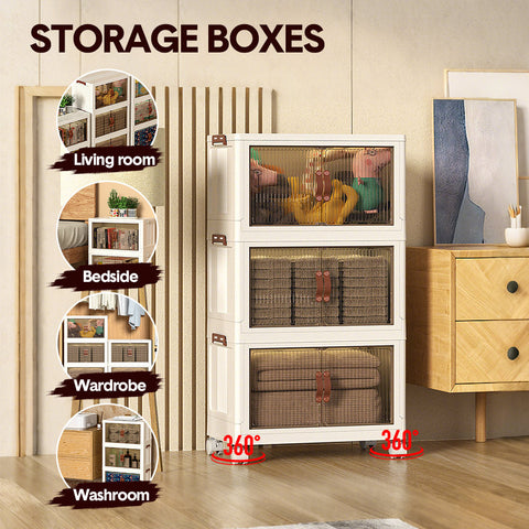 3 Bin Foldable Stackable Storage Cabinet with Clear Doors Wheels and Top Access