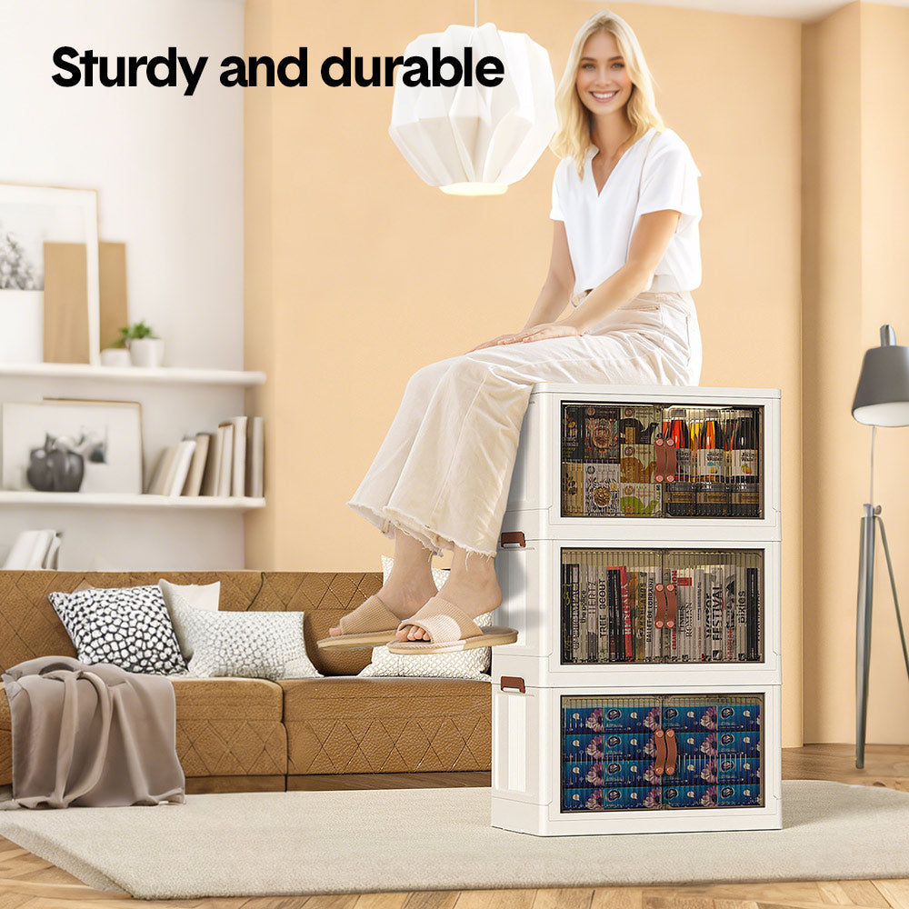 3 Bin Foldable Stackable Storage Cabinet with Clear Doors Wheels and Top Access