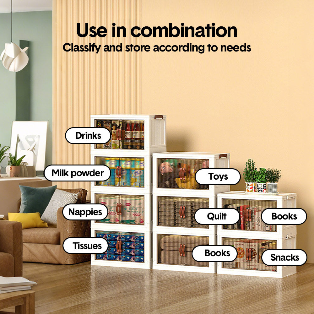 3 Bin Foldable Stackable Storage Cabinet with Clear Doors Wheels and Top Access