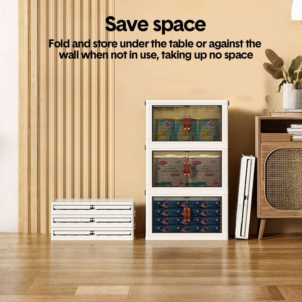 3 Bin Foldable Stackable Storage Cabinet with Clear Doors Wheels and Top Access