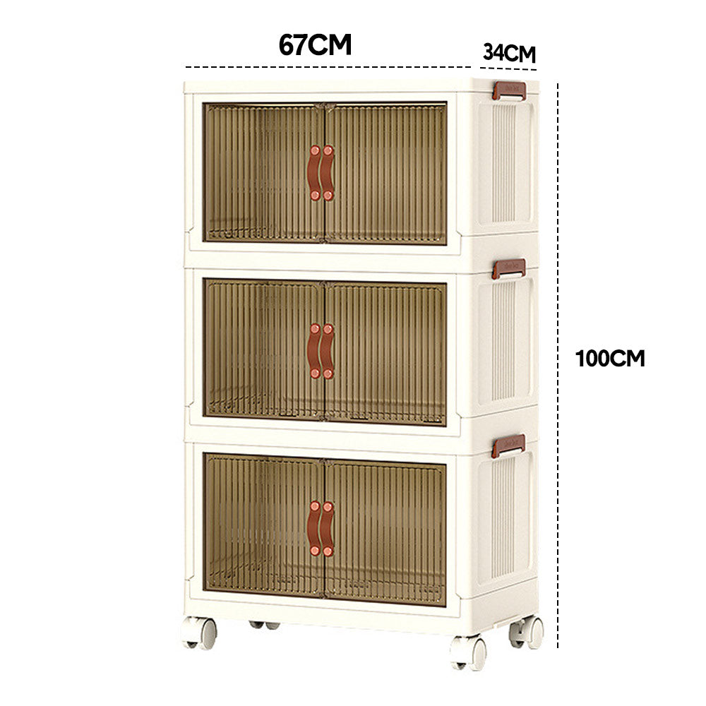 3 Bin Foldable Stackable Storage Cabinet with Clear Doors Wheels and Top Access