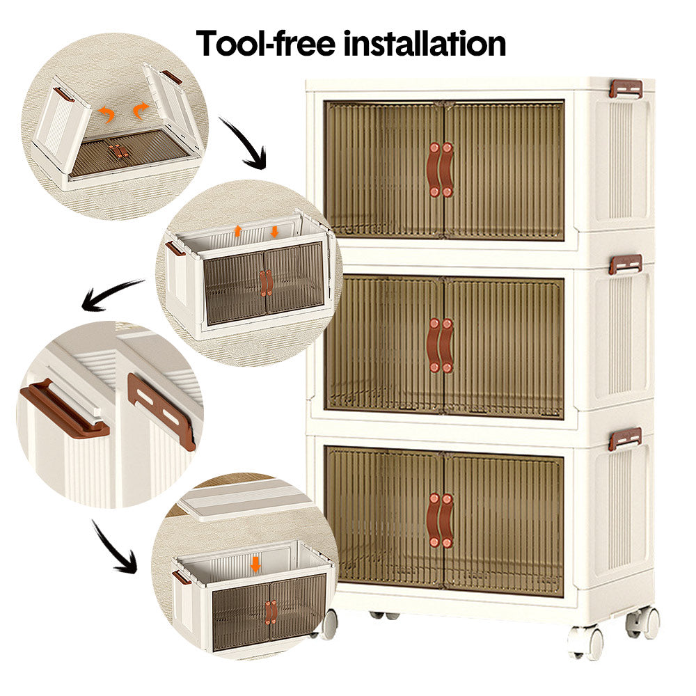 3 Bin Foldable Stackable Storage Cabinet with Clear Doors Wheels and Top Access