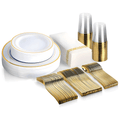 175pcs Gold Trim Disposable Wedding Tableware Set Plates Cutlery Cups Napkins