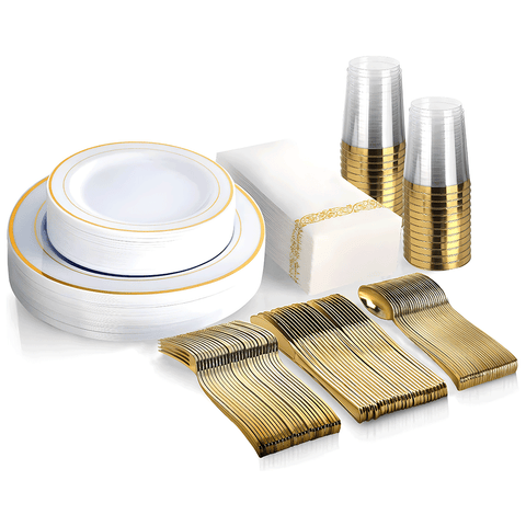 175pcs Gold Trim Disposable Wedding Tableware Set Plates Cutlery Cups Napkins