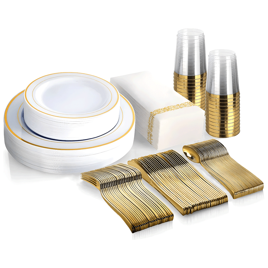 175pcs Gold Trim Disposable Wedding Tableware Set Plates Cutlery Cups Napkins