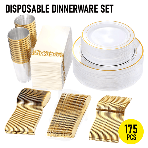 175pcs Gold Trim Disposable Wedding Tableware Set Plates Cutlery Cups Napkins