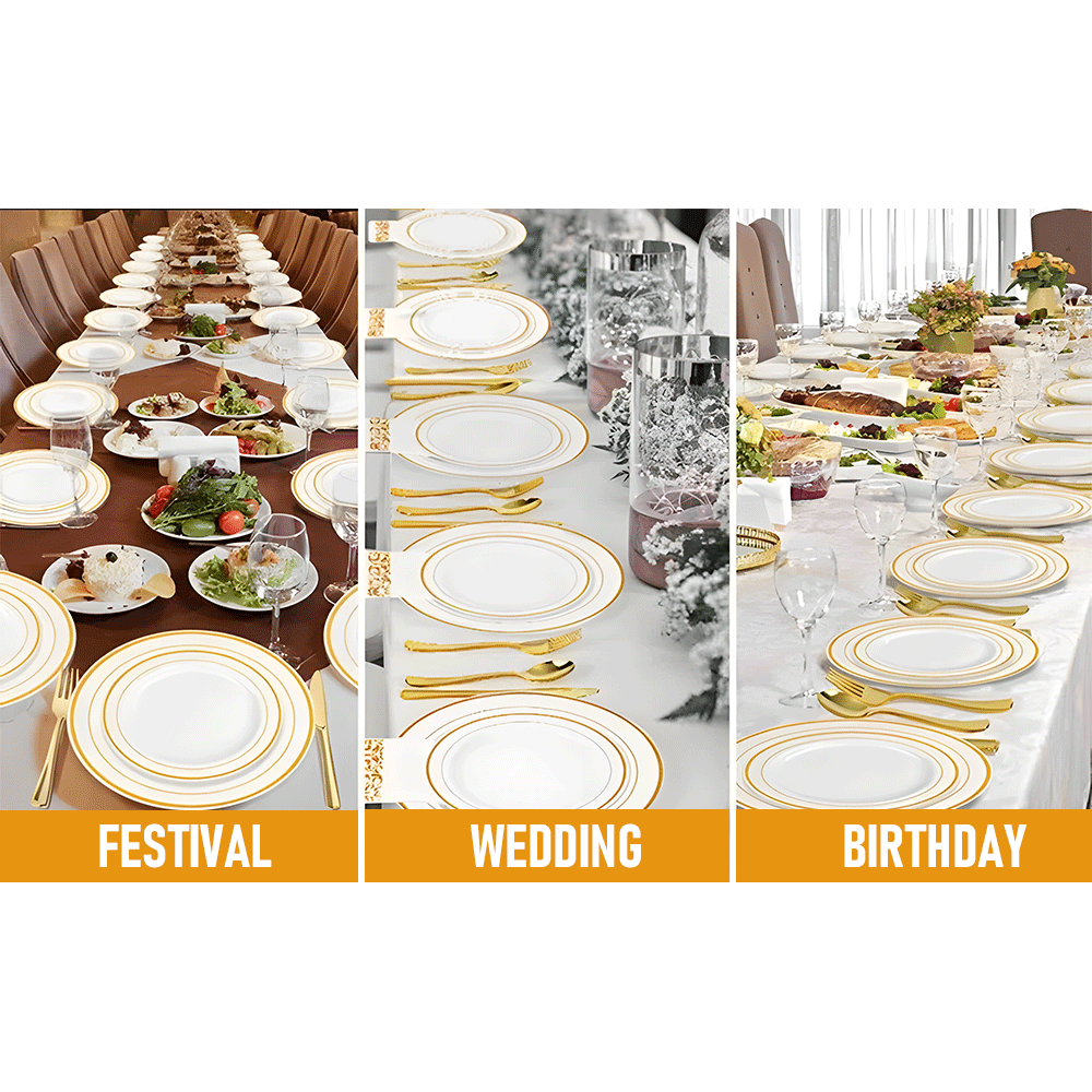 175pcs Gold Trim Disposable Wedding Tableware Set Plates Cutlery Cups Napkins