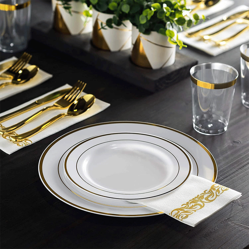 175pcs Gold Trim Disposable Wedding Tableware Set Plates Cutlery Cups Napkins
