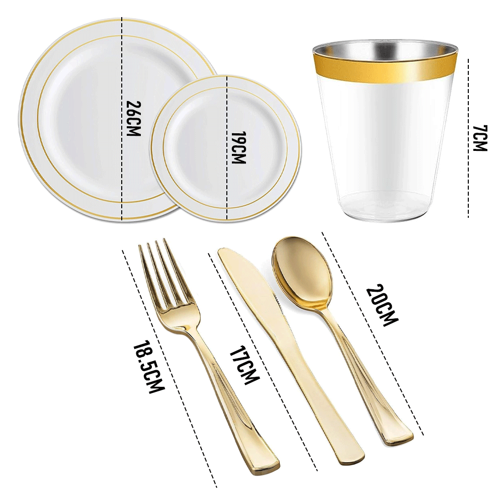 175pcs Gold Trim Disposable Wedding Tableware Set Plates Cutlery Cups Napkins