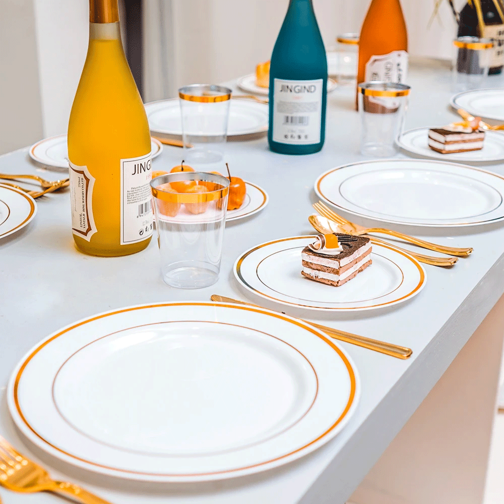 175pcs Gold Trim Disposable Wedding Tableware Set Plates Cutlery Cups Napkins