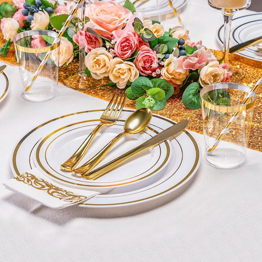 175pcs Gold Trim Disposable Wedding Tableware Set Plates Cutlery Cups Napkins