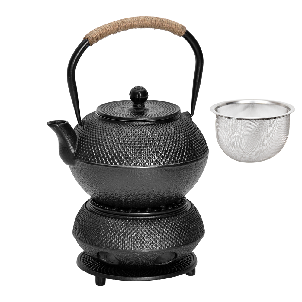 Premium Cast Iron Teapot & Warmer Set – Black 1.2L with Infuser