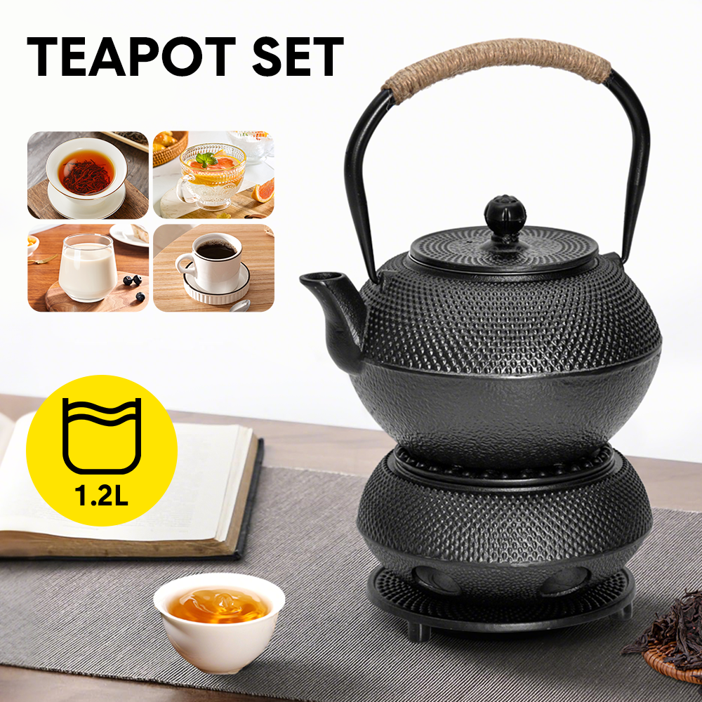 Premium Cast Iron Teapot & Warmer Set – Black 1.2L with Infuser