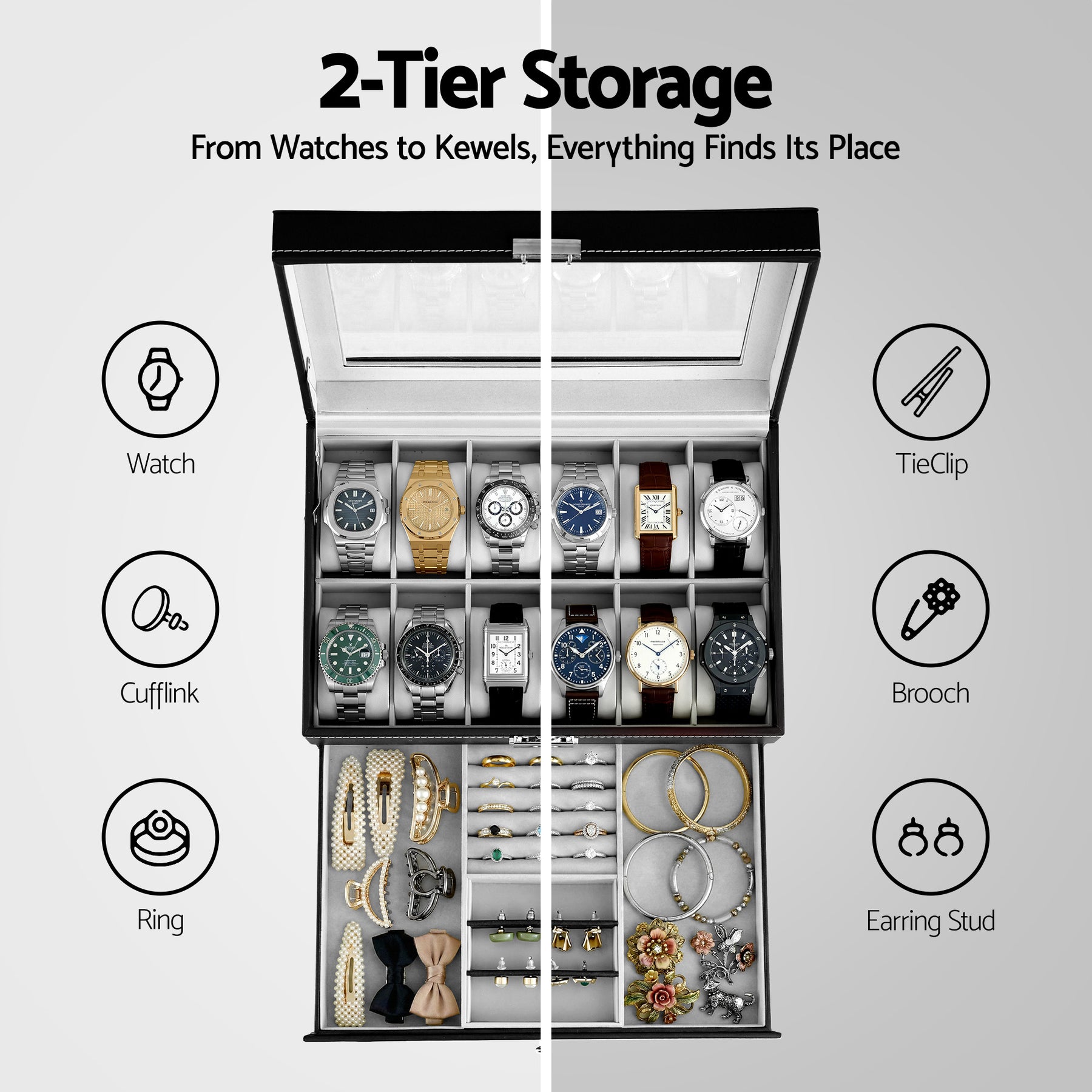 Embellir Black 12 Slot Watch and Jewellery Organiser Box