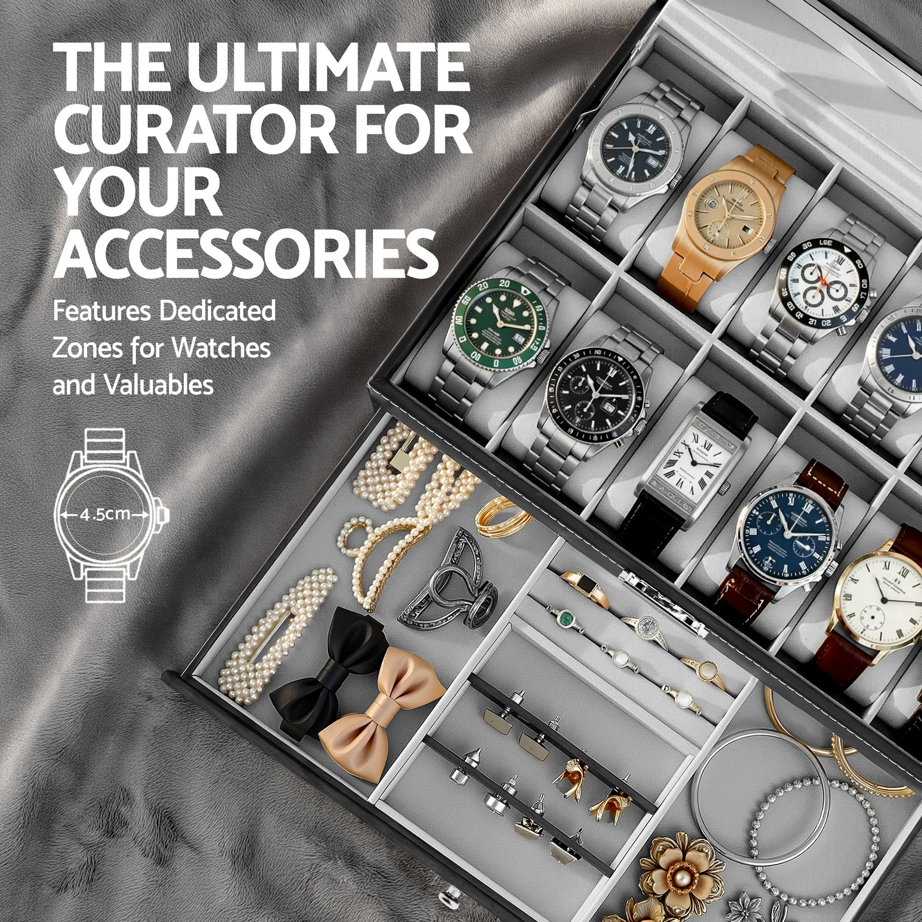 Embellir Black 12 Slot Watch and Jewellery Organiser Box