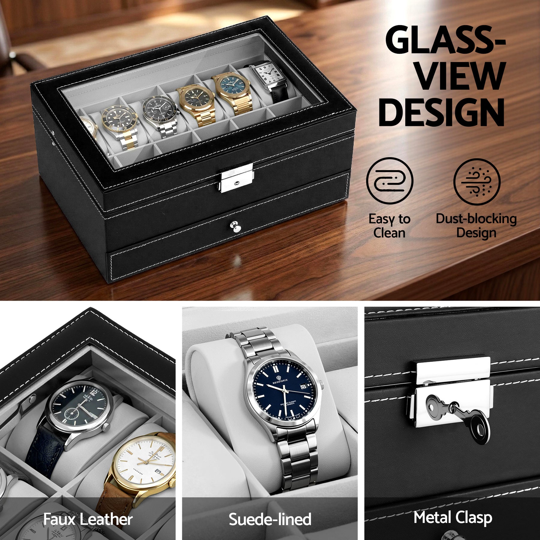 Embellir Black 12 Slot Watch and Jewellery Organiser Box