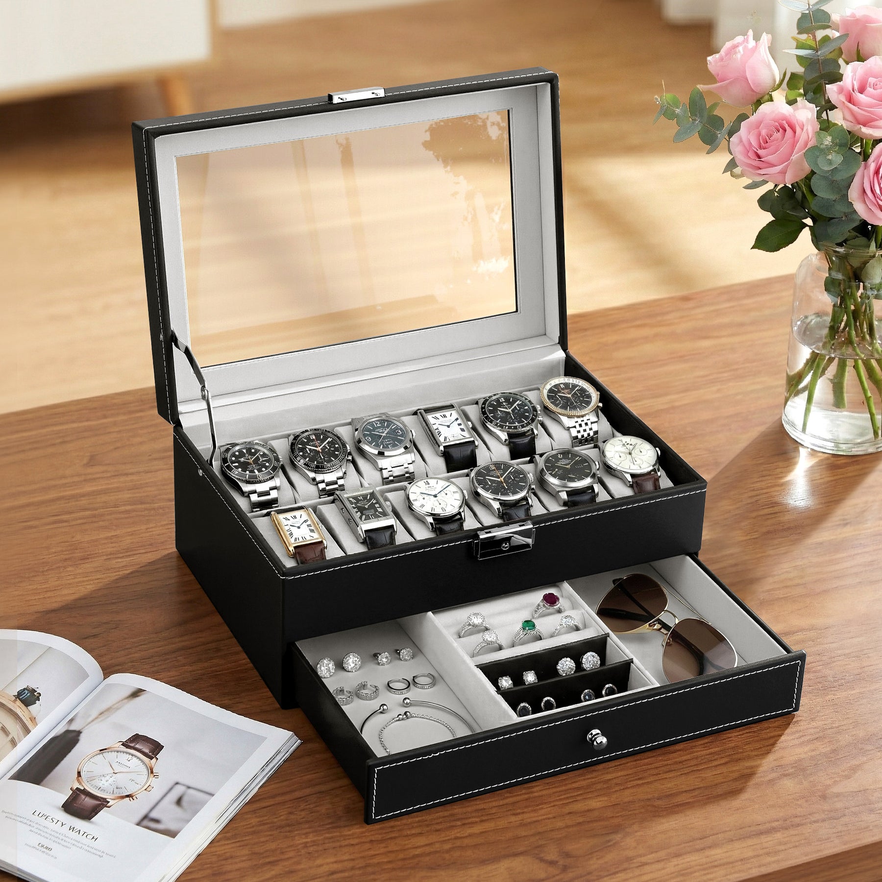 Embellir Black 12 Slot Watch and Jewellery Organiser Box