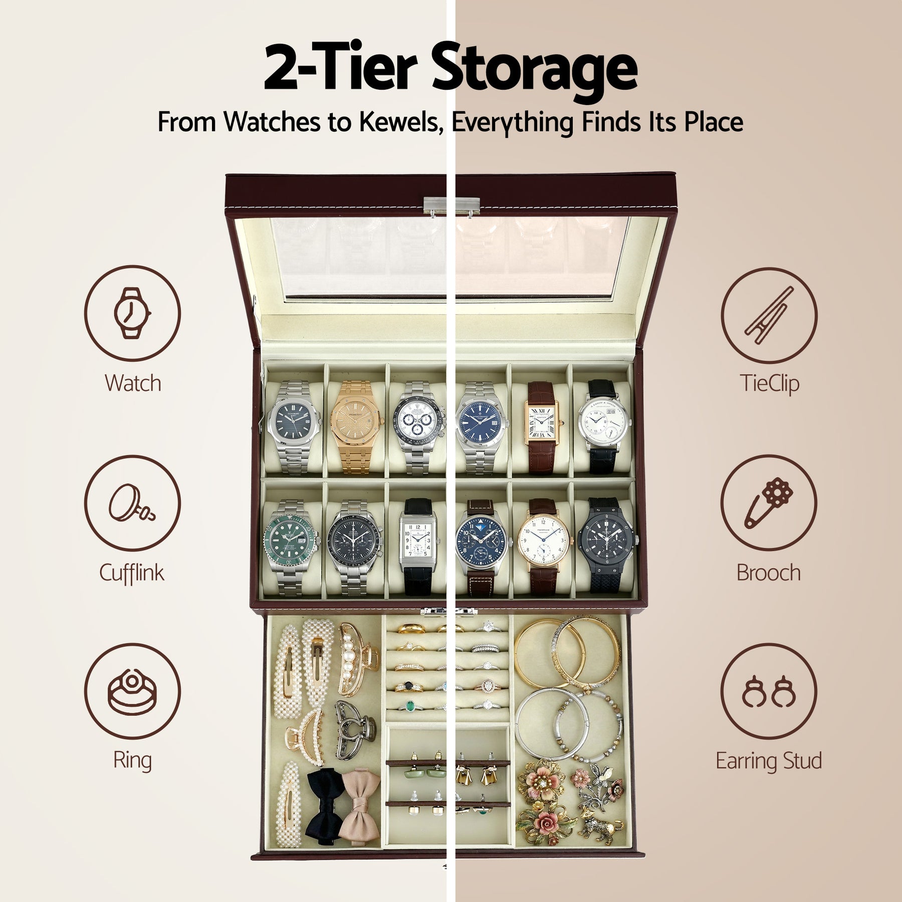 Embellir Brown 12 Slot Watch and Jewellery Organiser Box