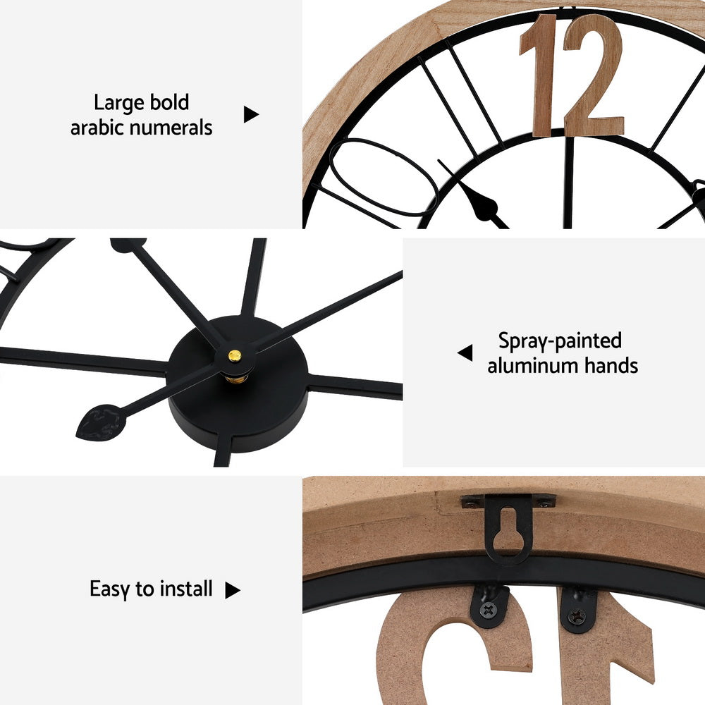 Artiss Wall Clock 60CM Metal & MDF, Rust-Resistant, Easy Installation, Black & Pine - SuperSaverAU - view 5