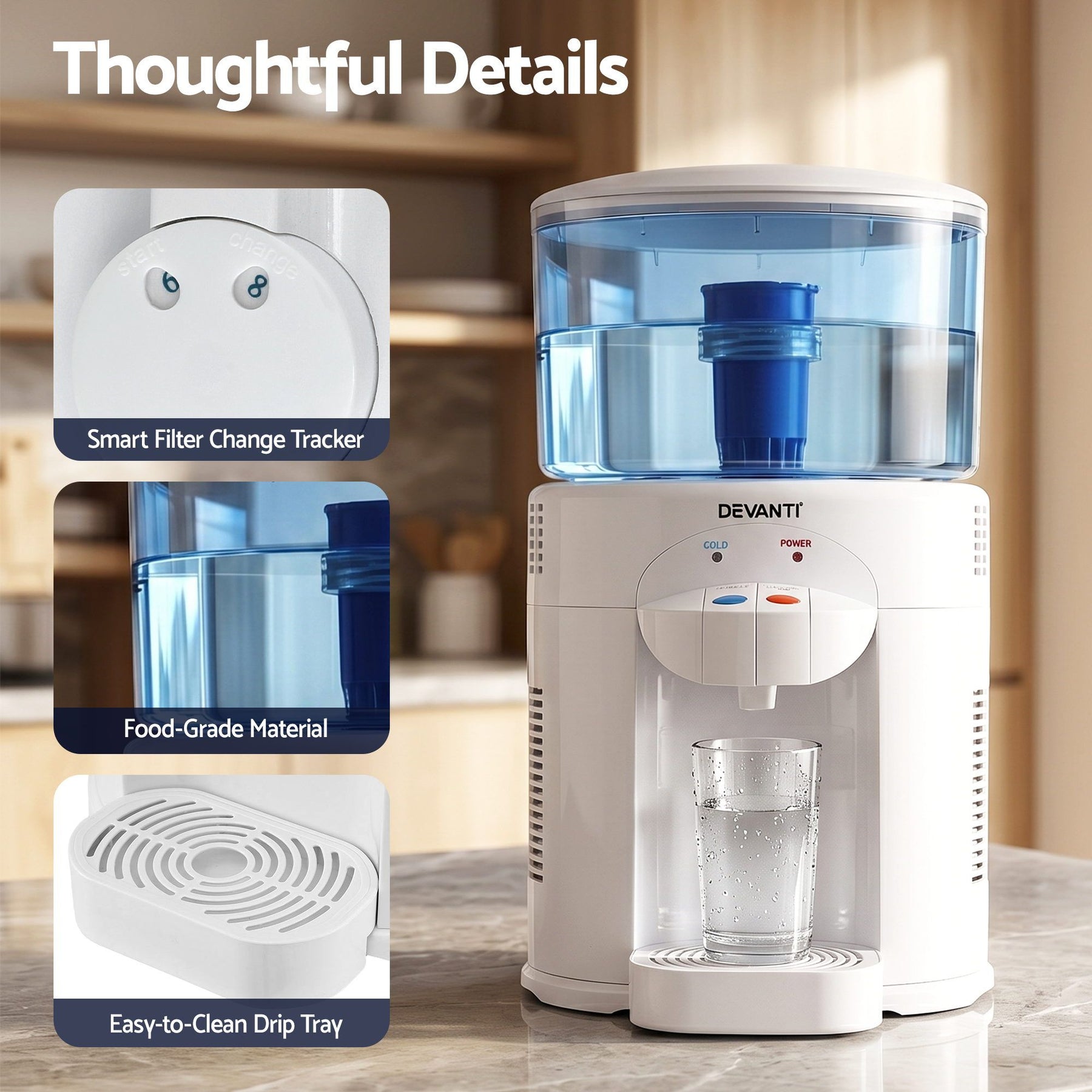 Devanti 5L Benchtop Water Cooler Dispenser with Filter - White