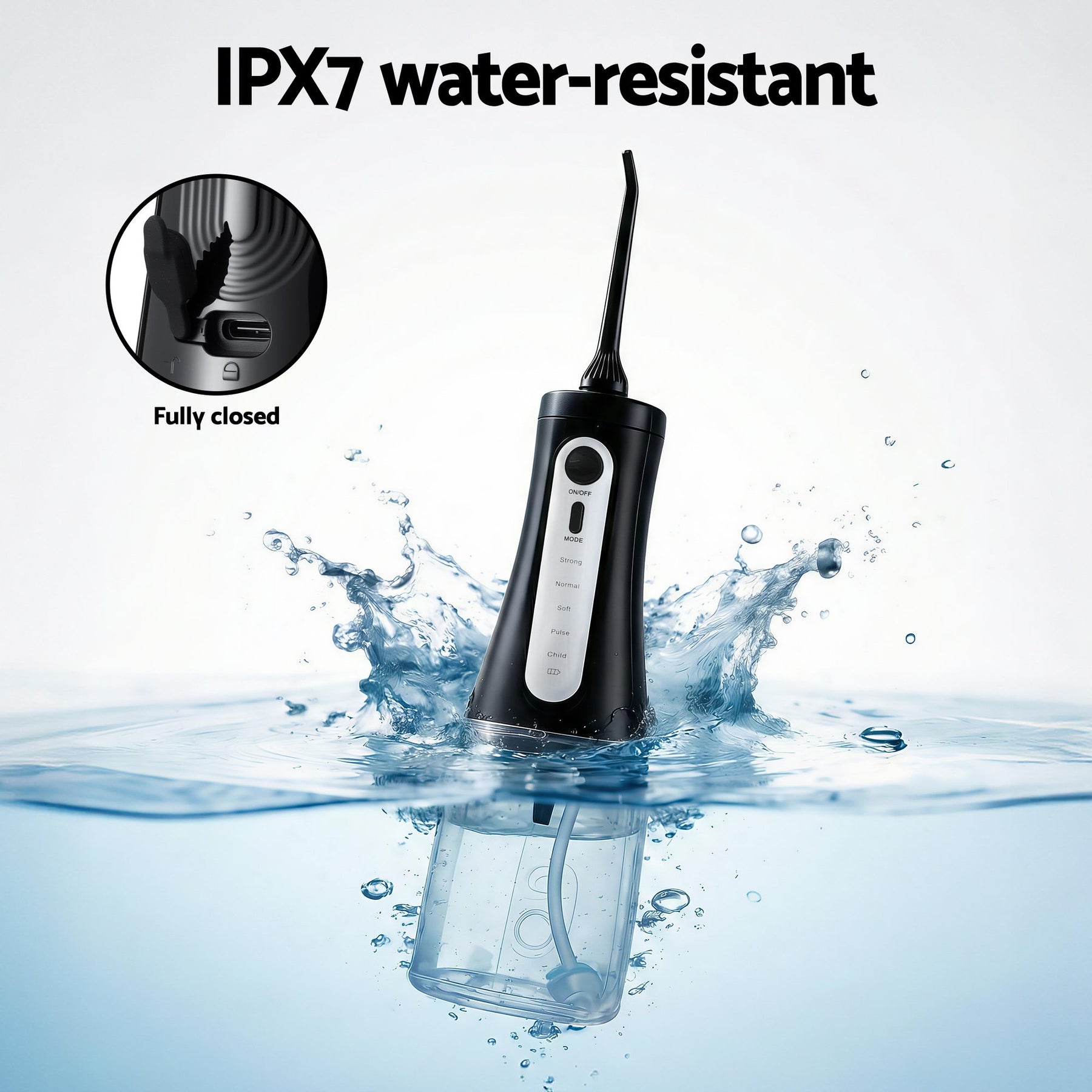 Devanti Black Cordless Water Flosser 350ml with 8 Nozzles and 5 Modes