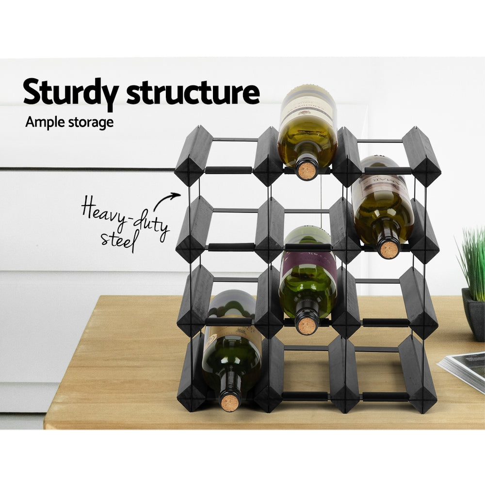 Artiss Wine Rack 12 Bottle Storage Pine Wood Black - SuperSaverAU - view 4