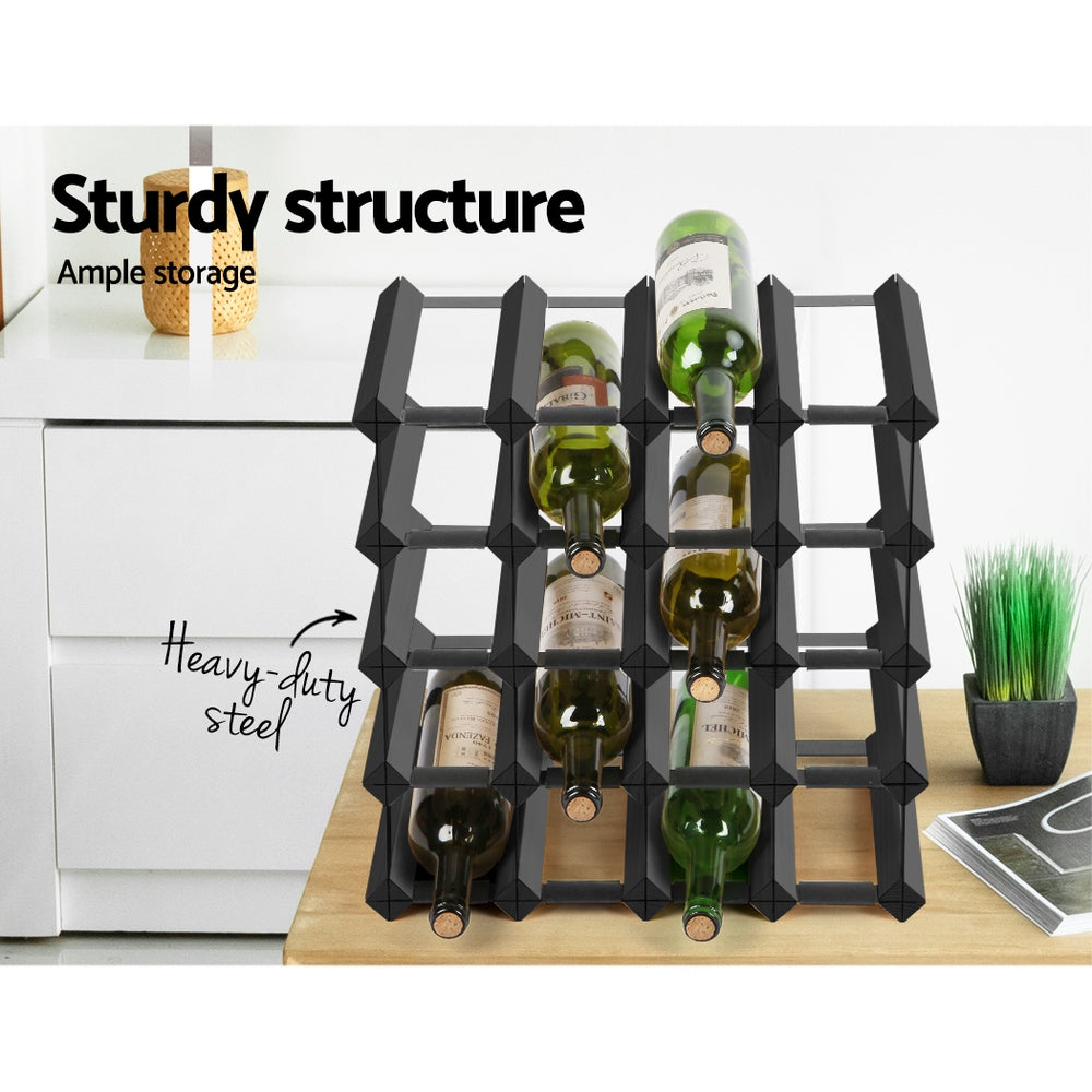 Artiss Black 20 Bottle Wine Rack Pine Wood Steel Storage Display
