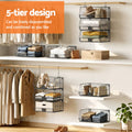 Artiss Stackable Closet Organiser – Black 5 Tier Iron Shelves with Hanging Hooks