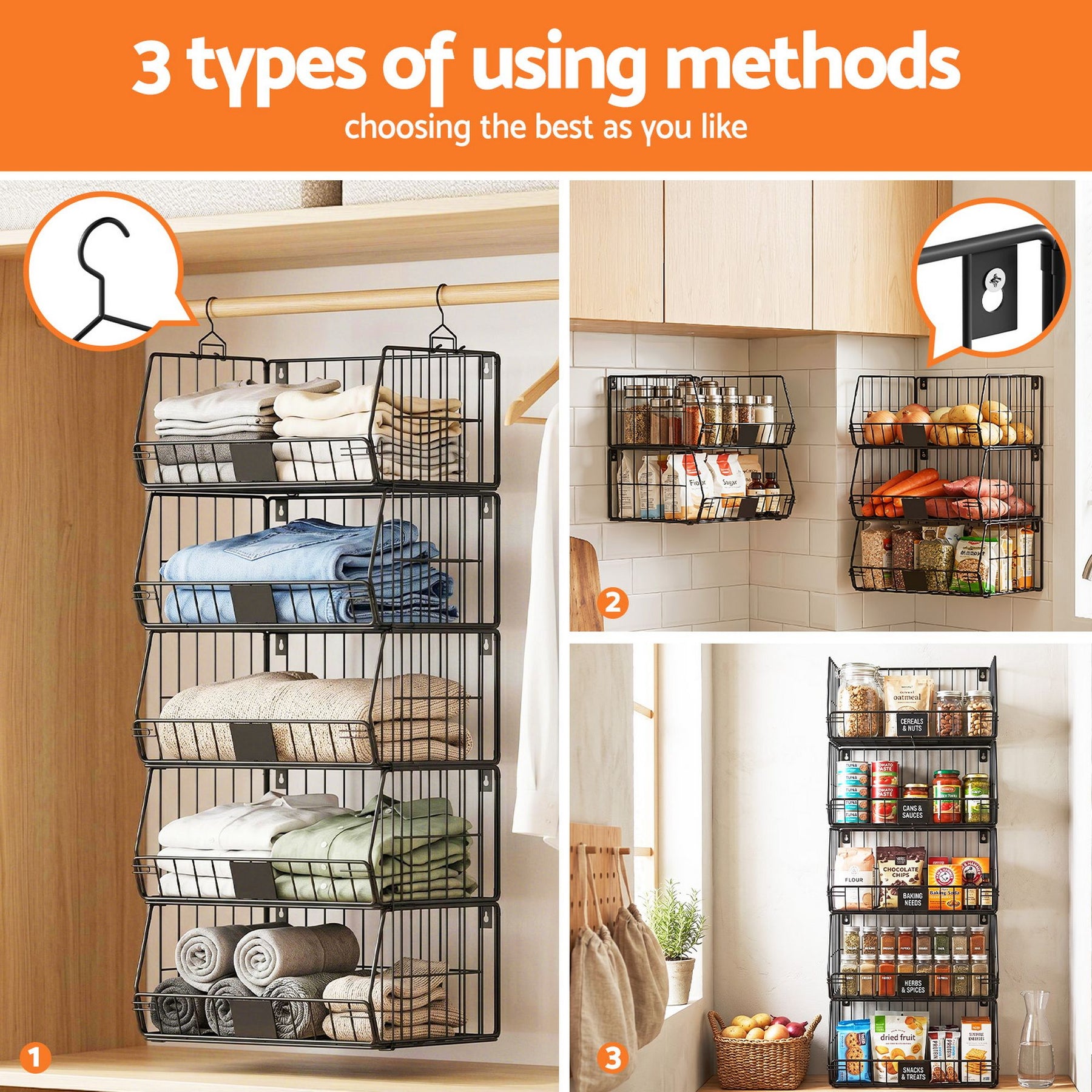 Artiss Stackable Closet Organiser – Black 5 Tier Iron Shelves with Hanging Hooks