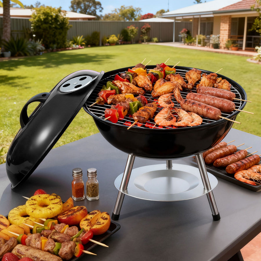 Grillz Portable Charcoal BBQ Grill – Black 34cm, Stainless Steel Grate with Lid